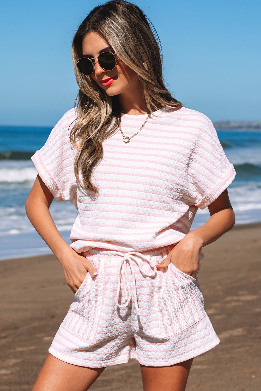 Pink Stripe Knitted Short Sleeve Top and Drawstring Shorts Set - Chaelisa's New Jammies