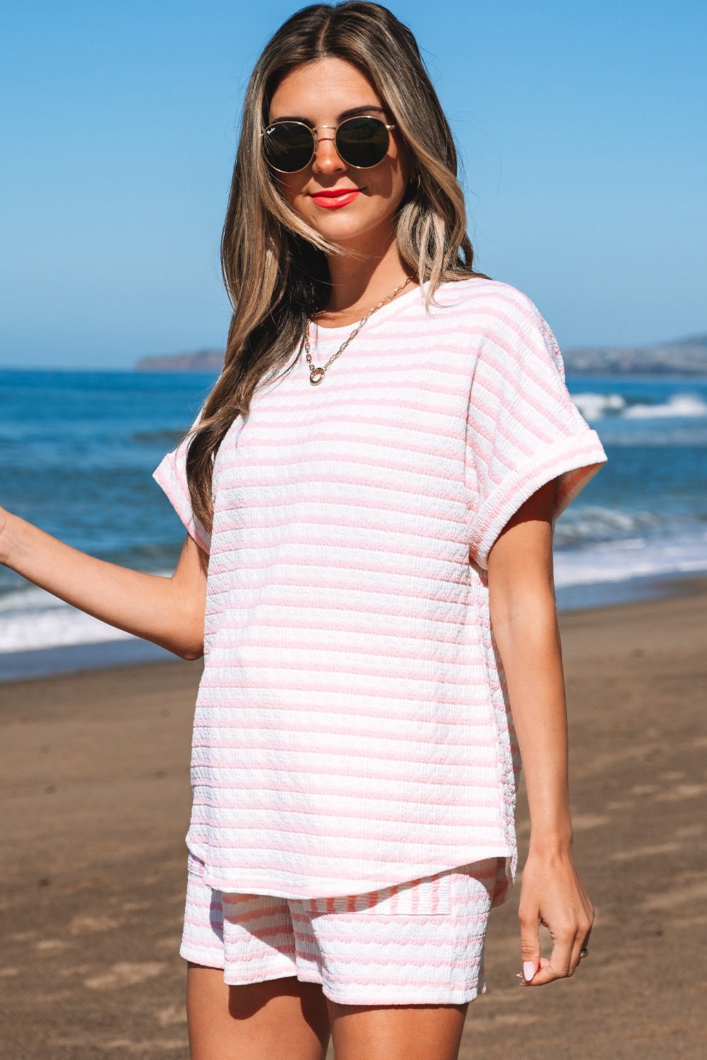 Pink Stripe Knitted Short Sleeve Top and Drawstring Shorts Set - Chaelisa's New Jammies