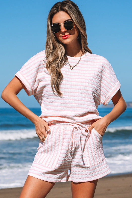 Pink Stripe Knitted Short Sleeve Top and Drawstring Shorts Set - Chaelisa's New Jammies