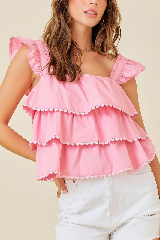 Pink Tiered Heart Trim Square Neck Flutter Top - Chaelisa's New Jammies