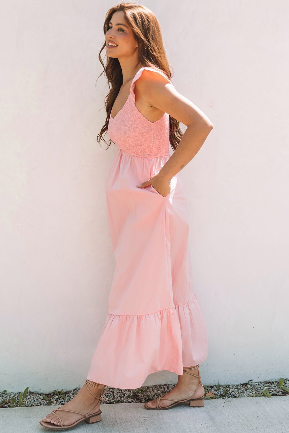 Pink V Neck Flutter Sleeve Smocked Bodice High Waist Ruffle Maxi Dress - Chaelisa's New Jammies
