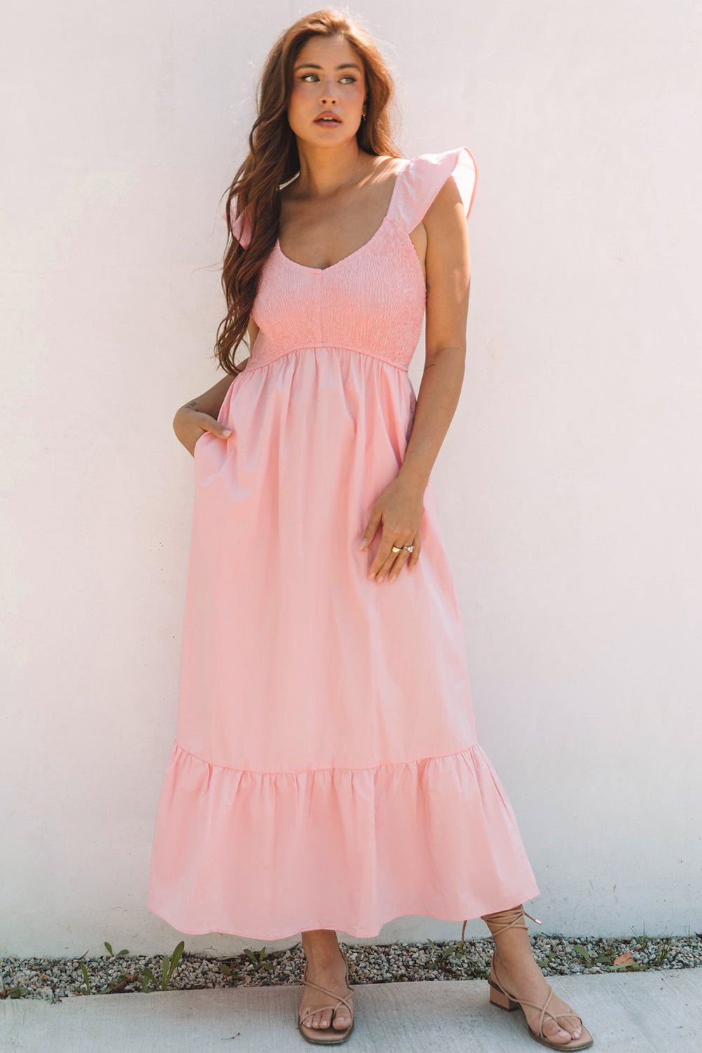 Pink V Neck Flutter Sleeve Smocked Bodice High Waist Ruffle Maxi Dress - Chaelisa's New Jammies