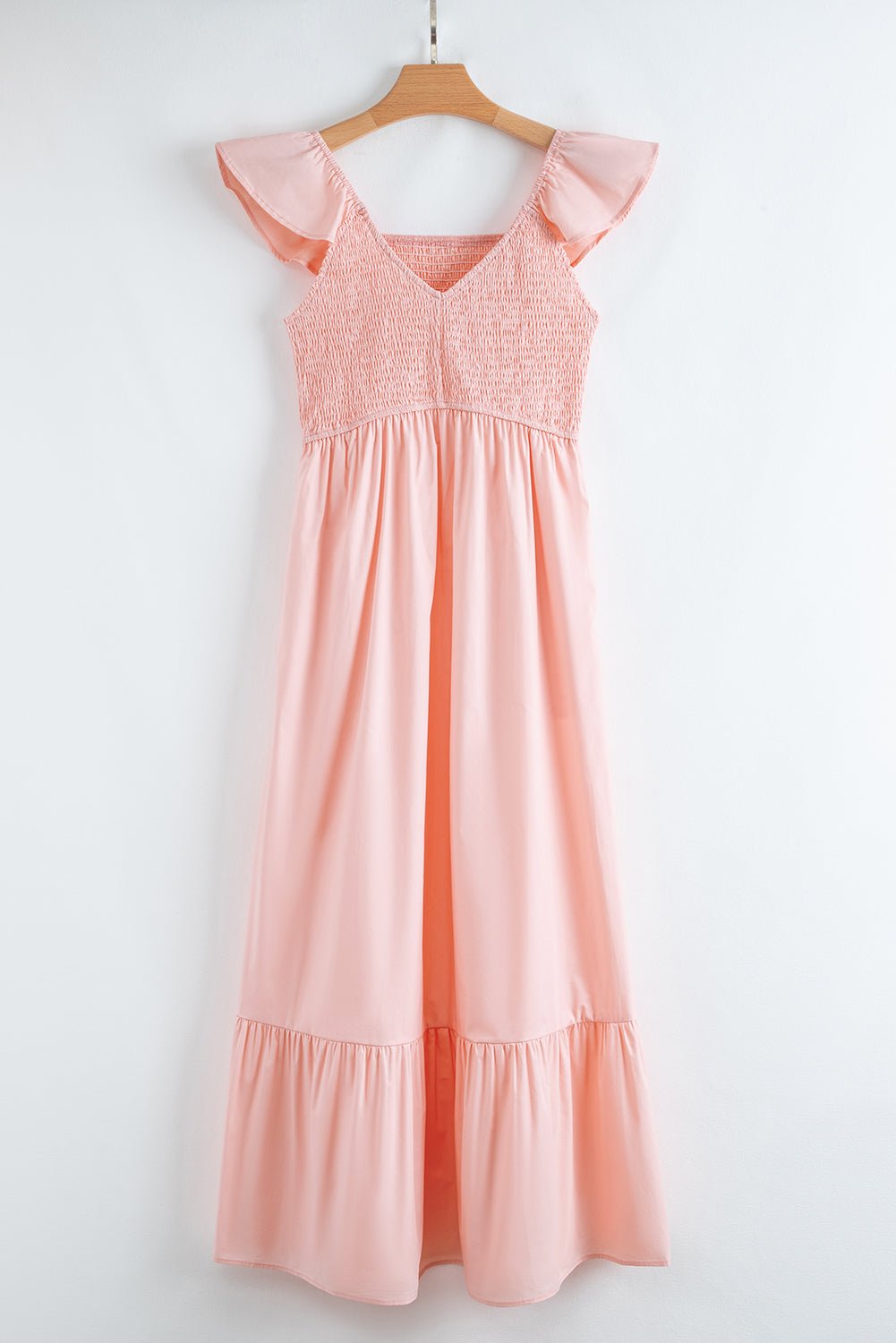 Pink V Neck Flutter Sleeve Smocked Bodice High Waist Ruffle Maxi Dress - Chaelisa's New Jammies