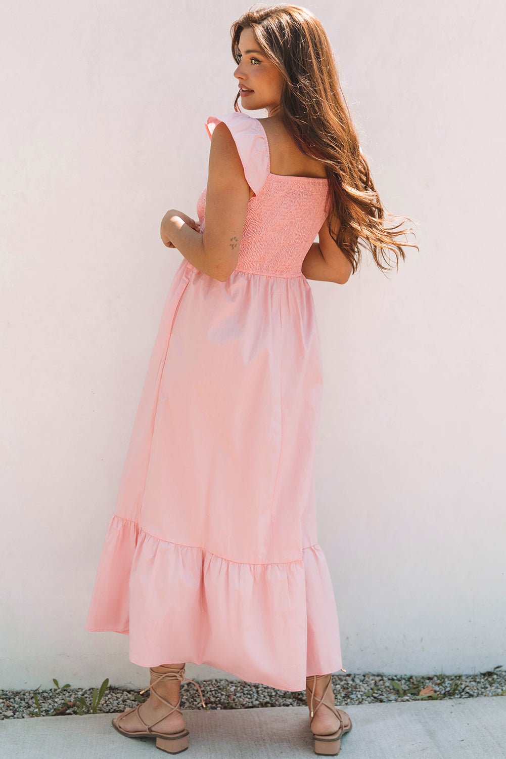 Pink V Neck Flutter Sleeve Smocked Bodice High Waist Ruffle Maxi Dress - Chaelisa's New Jammies