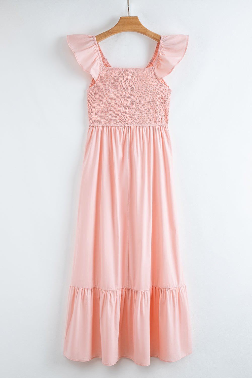 Pink V Neck Flutter Sleeve Smocked Bodice High Waist Ruffle Maxi Dress - Chaelisa's New Jammies