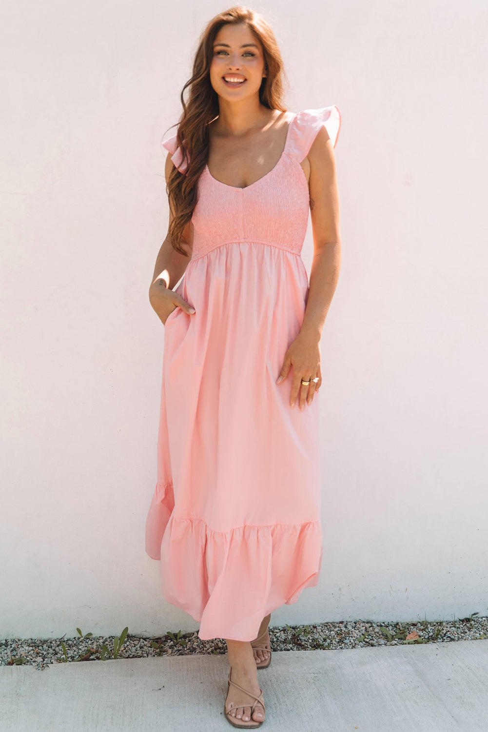 Pink V Neck Flutter Sleeve Smocked Bodice High Waist Ruffle Maxi Dress - Chaelisa's New Jammies