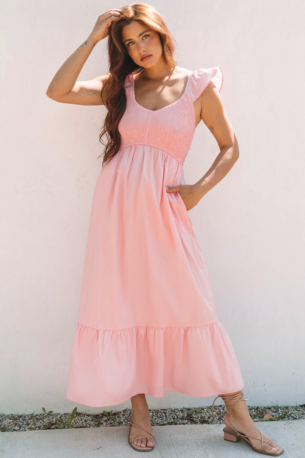 Pink V Neck Flutter Sleeve Smocked Bodice High Waist Ruffle Maxi Dress - Chaelisa's New Jammies