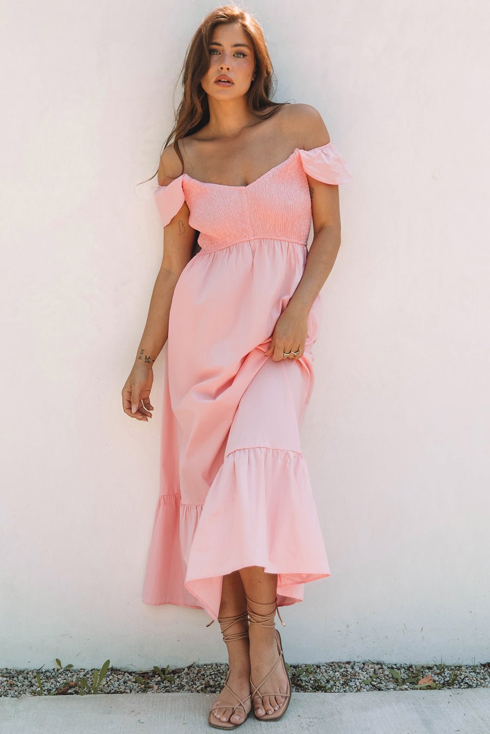 Pink V Neck Flutter Sleeve Smocked Bodice High Waist Ruffle Maxi Dress - Chaelisa's New Jammies