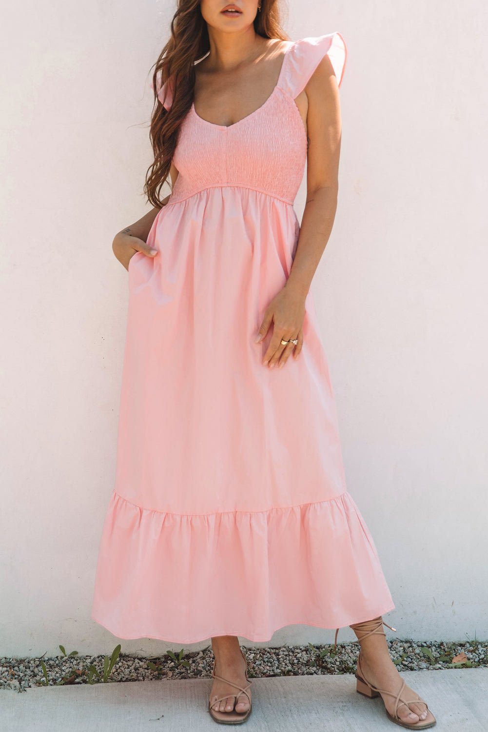 Pink V Neck Flutter Sleeve Smocked Bodice High Waist Ruffle Maxi Dress - Chaelisa's New Jammies