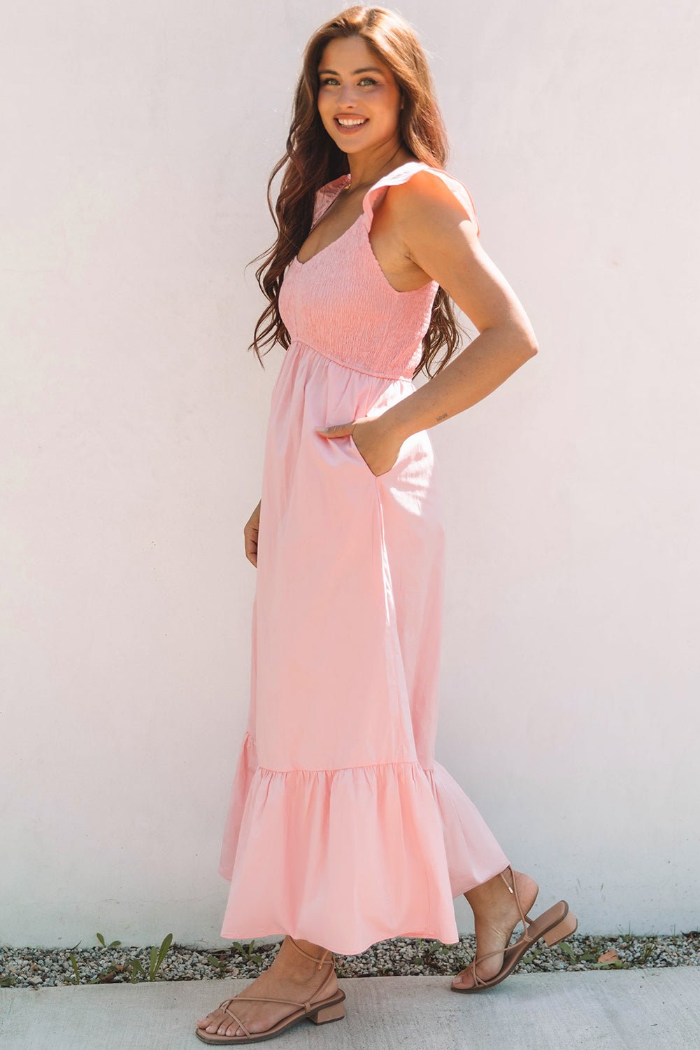 Pink V Neck Flutter Sleeve Smocked Bodice High Waist Ruffle Maxi Dress - Chaelisa's New Jammies