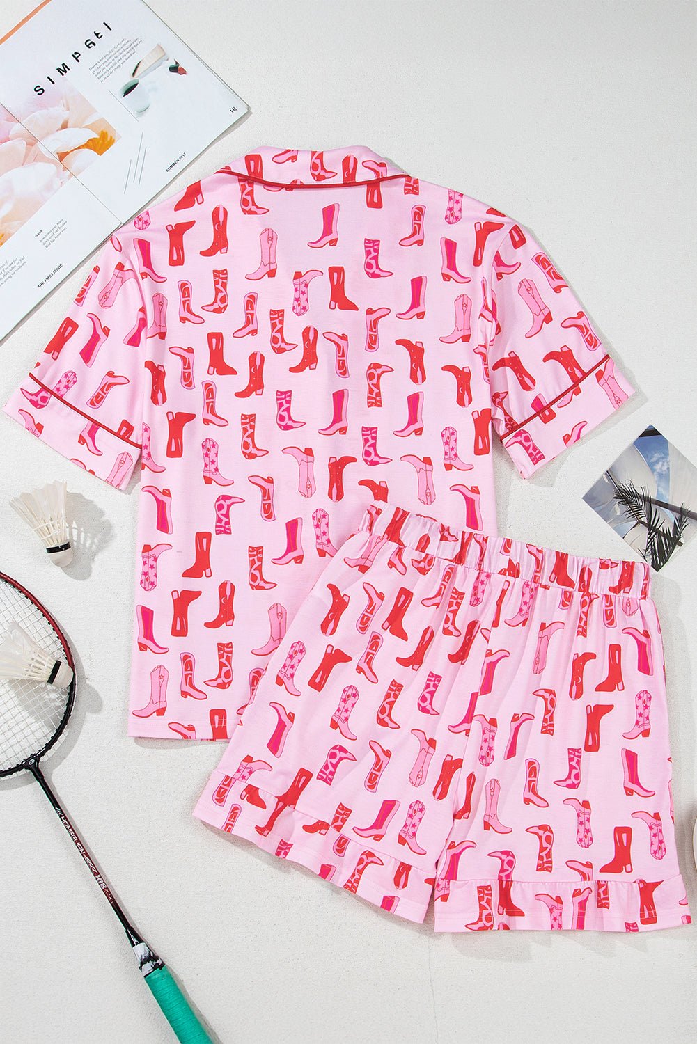 Pink Western Cowgirl Boots Printed Shirt Ruffled Shorts Pajama Set - Chaelisa's New Jammies