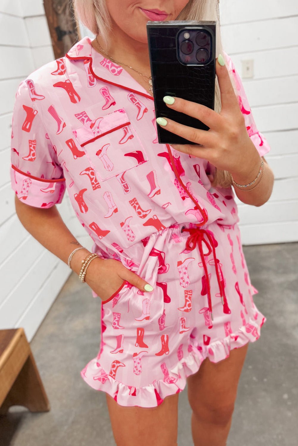 Pink Western Cowgirl Boots Printed Shirt Ruffled Shorts Pajama Set - Chaelisa's New Jammies