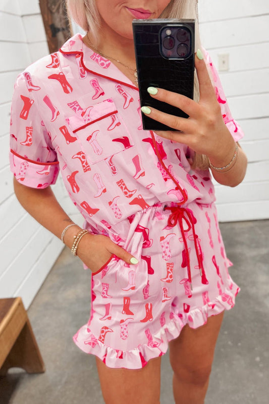 Pink Western Cowgirl Boots Printed Shirt Ruffled Shorts Pajama Set - Chaelisa's New Jammies