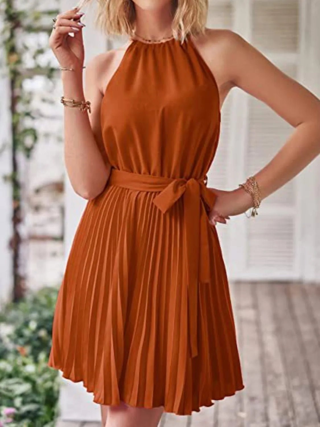 Pleated Tie Waist Sleeveless Mini Dress - Chaelisa's New Jammies