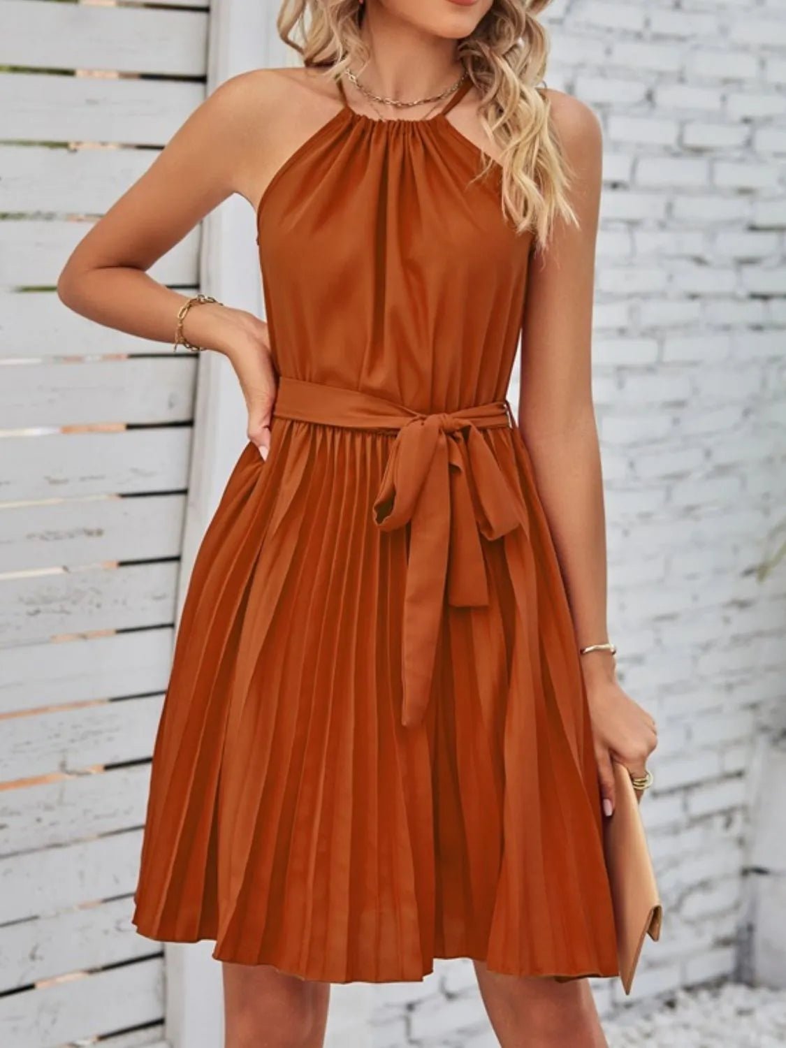 Pleated Tie Waist Sleeveless Mini Dress - Chaelisa's New Jammies