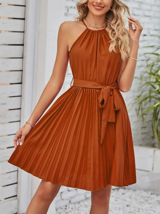 Pleated Tie Waist Sleeveless Mini Dress - Chaelisa's New Jammies