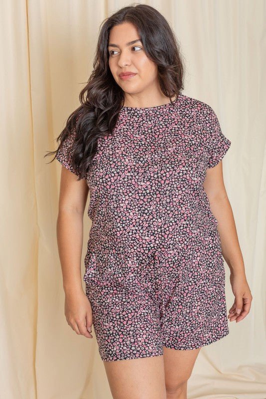 Plus Short Sleeve Floral Print Romper - Chaelisa's New Jammies