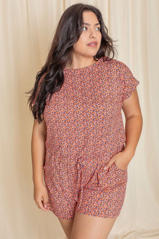 Plus Short Sleeve Floral Print Romper - Chaelisa's New Jammies