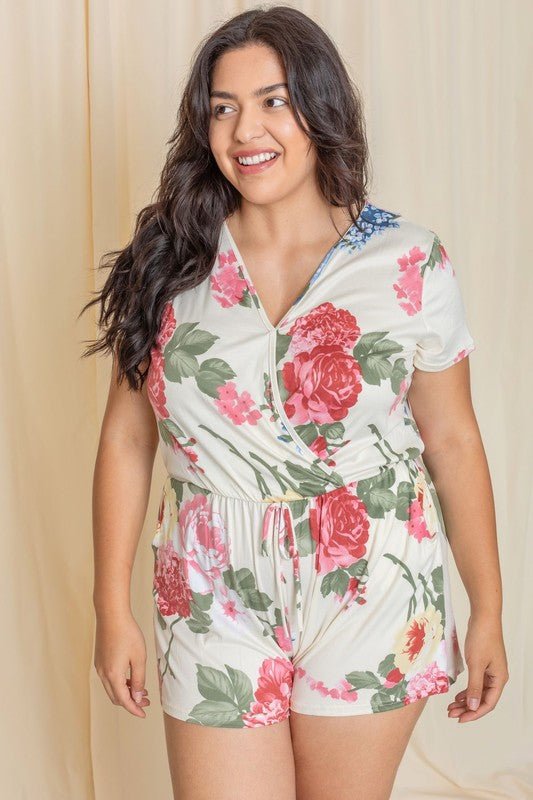 Plus Surplice Drawstring Floral Romper - Chaelisa's New Jammies