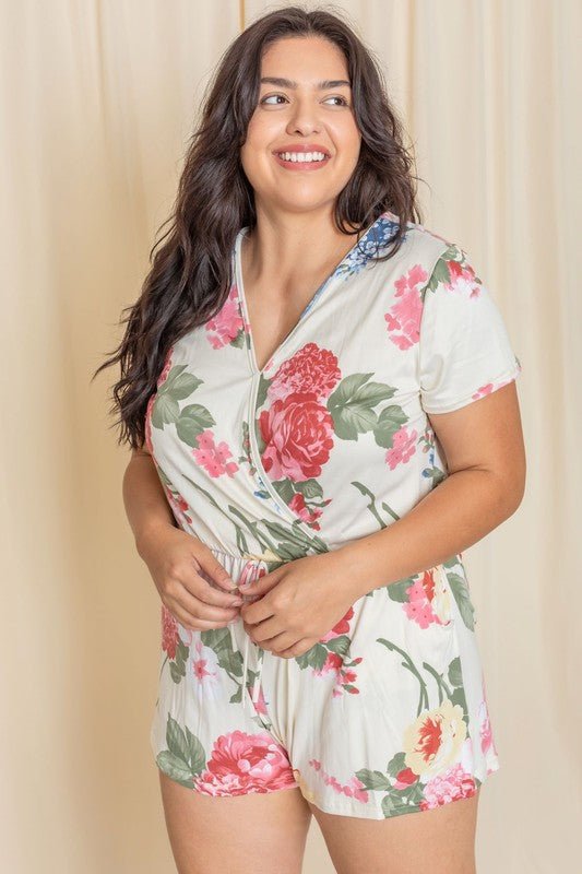 Plus Surplice Drawstring Floral Romper - Chaelisa's New Jammies