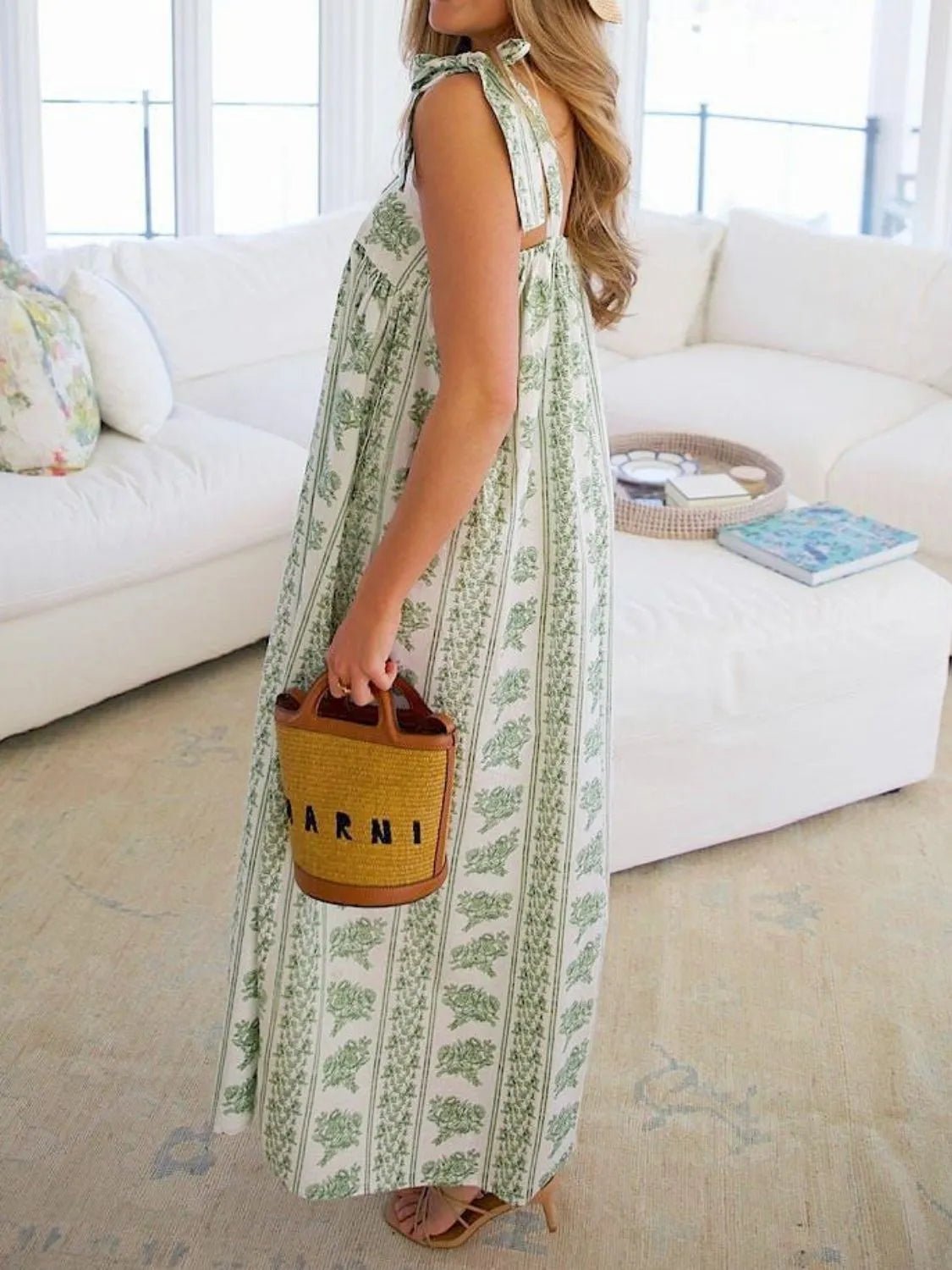 Printed Tie Shoulder Square Neck Midi Dress - Chaelisa's New Jammies
