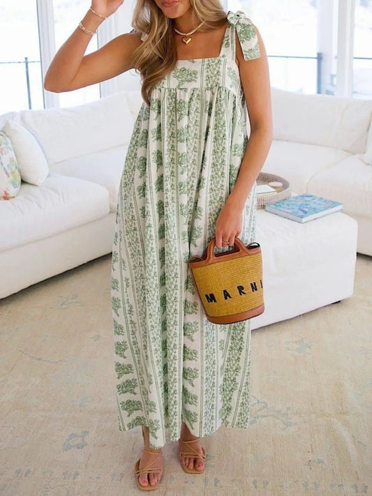 Printed Tie Shoulder Square Neck Midi Dress - Chaelisa's New Jammies