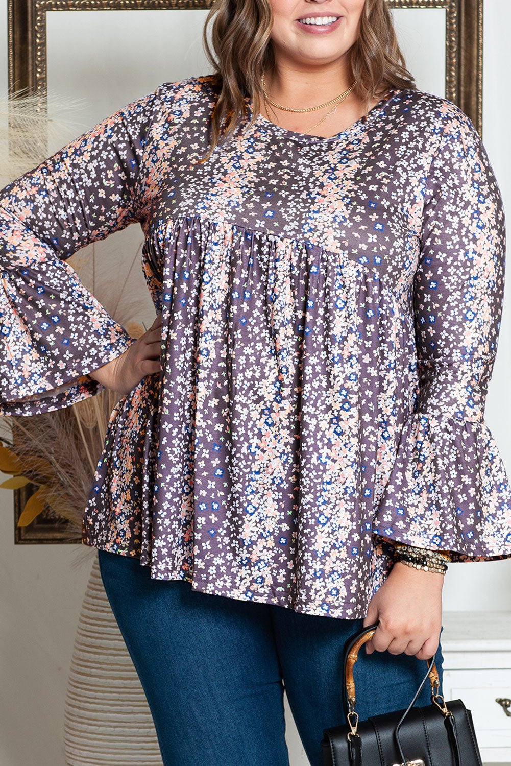 Purple Floral Print Round Neck Plus Size Babydoll Blouse - Chaelisa's New Jammies