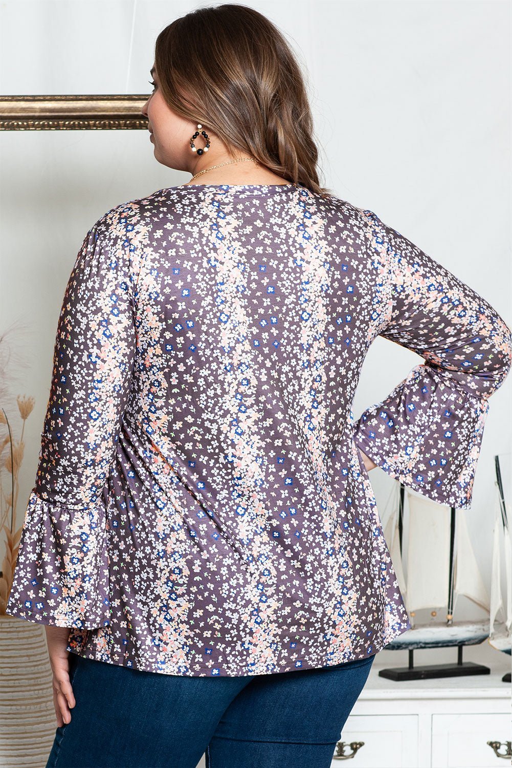 Purple Floral Print Round Neck Plus Size Babydoll Blouse - Chaelisa's New Jammies