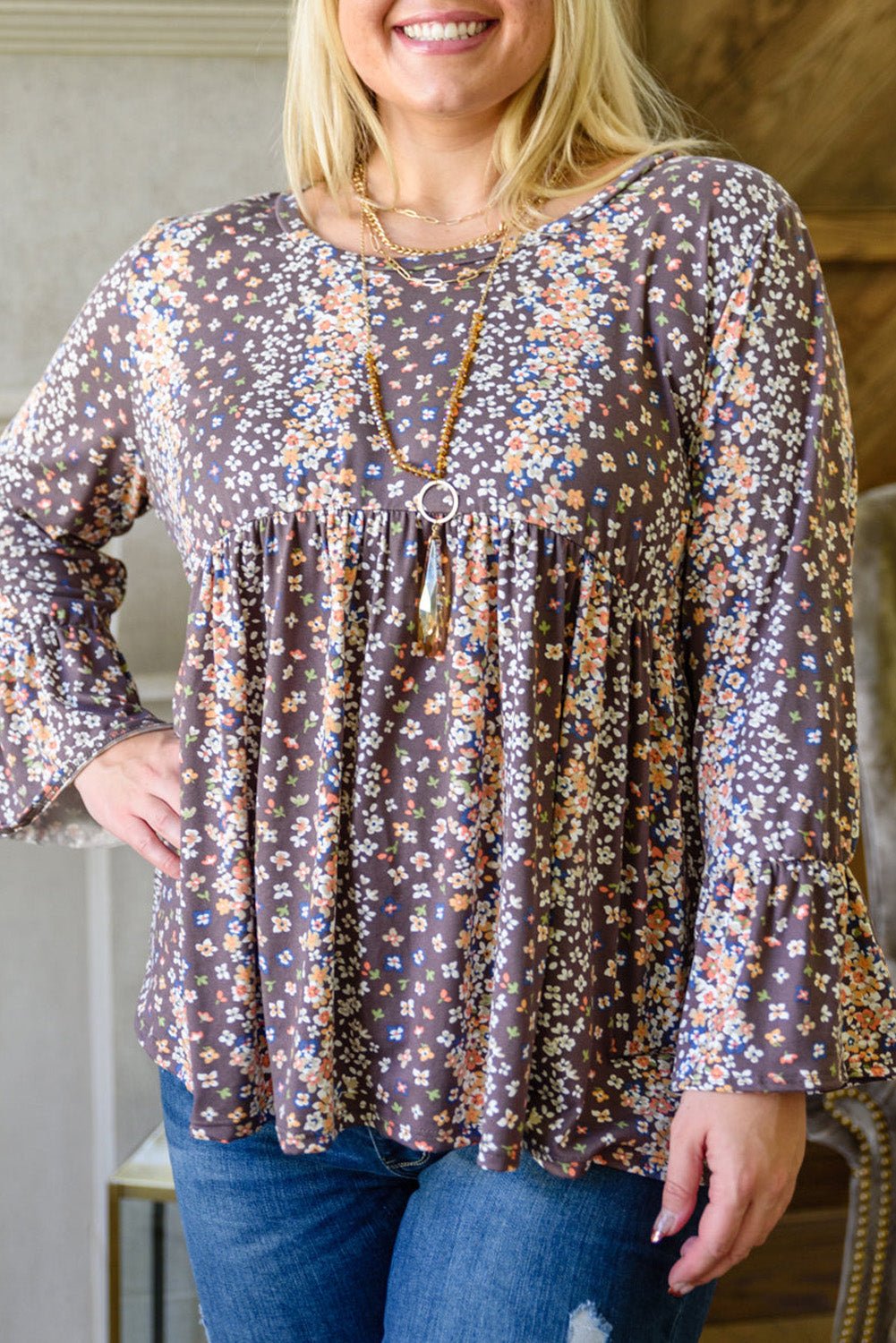 Purple Floral Print Round Neck Plus Size Babydoll Blouse - Chaelisa's New Jammies