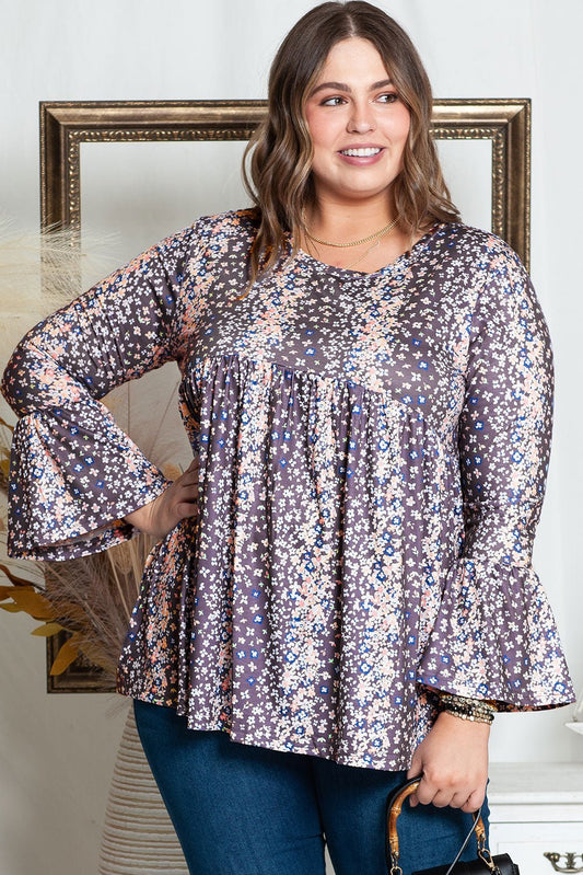 Purple Floral Print Round Neck Plus Size Babydoll Blouse - Chaelisa's New Jammies