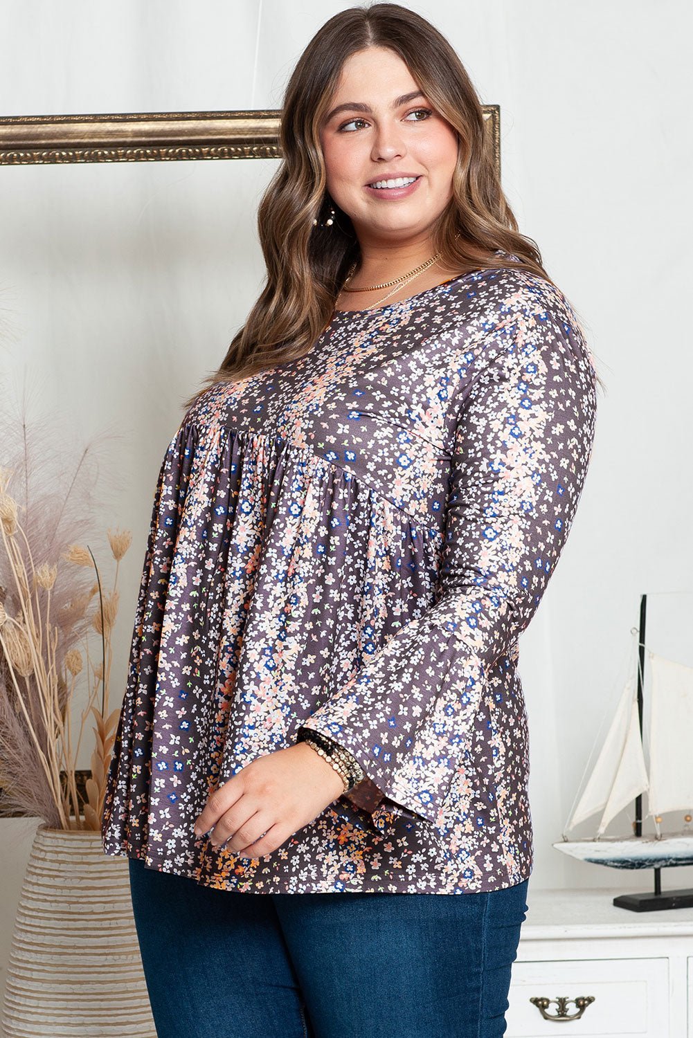 Purple Floral Print Round Neck Plus Size Babydoll Blouse - Chaelisa's New Jammies
