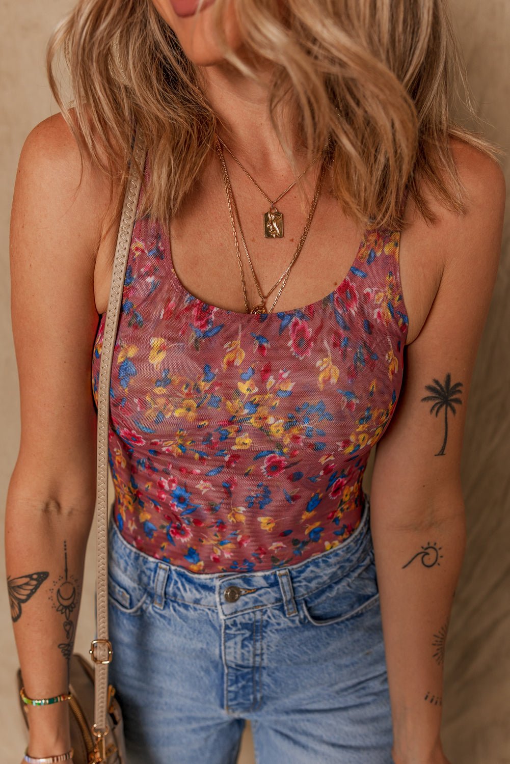 Purple Floral Printed Mesh U Neck Sleeveless Bodysuit - Chaelisa's New Jammies