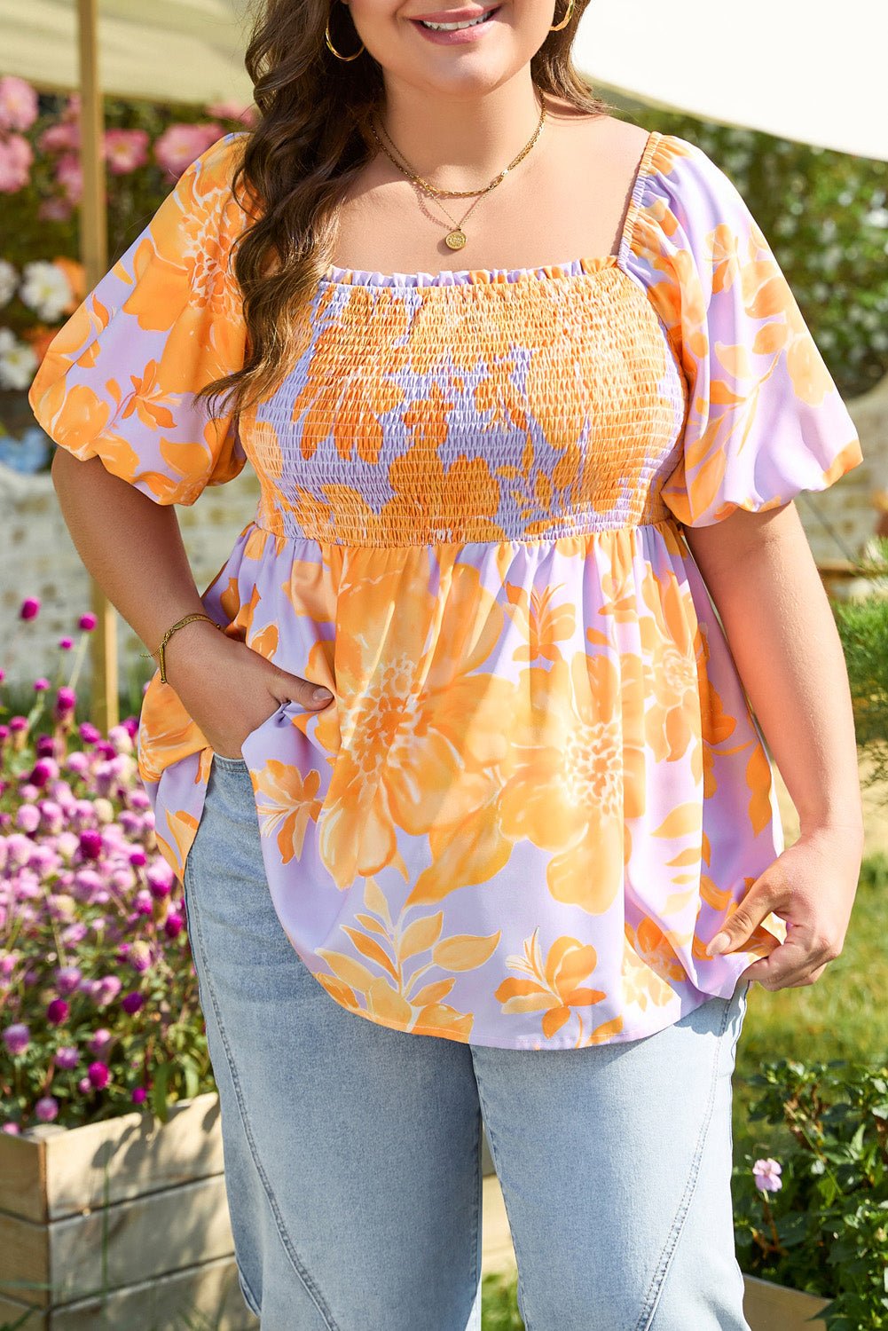Purple Floral Puff Sleeve Square Neck Smocked Plus Size Babydoll Blouse - Chaelisa's New Jammies