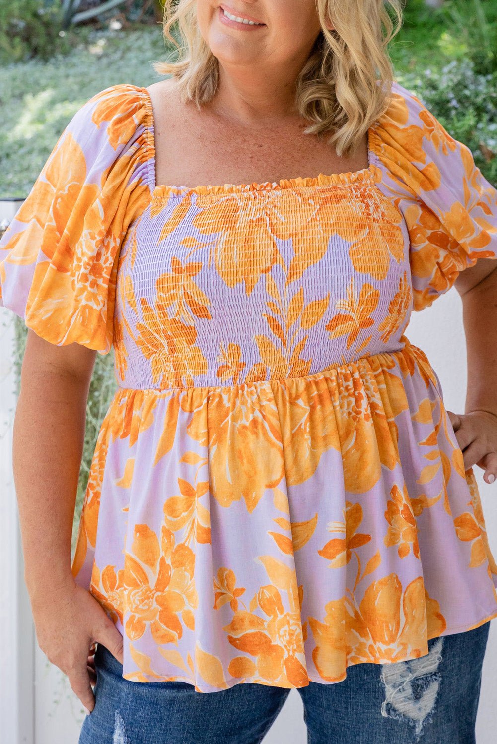 Purple Floral Puff Sleeve Square Neck Smocked Plus Size Babydoll Blouse - Chaelisa's New Jammies