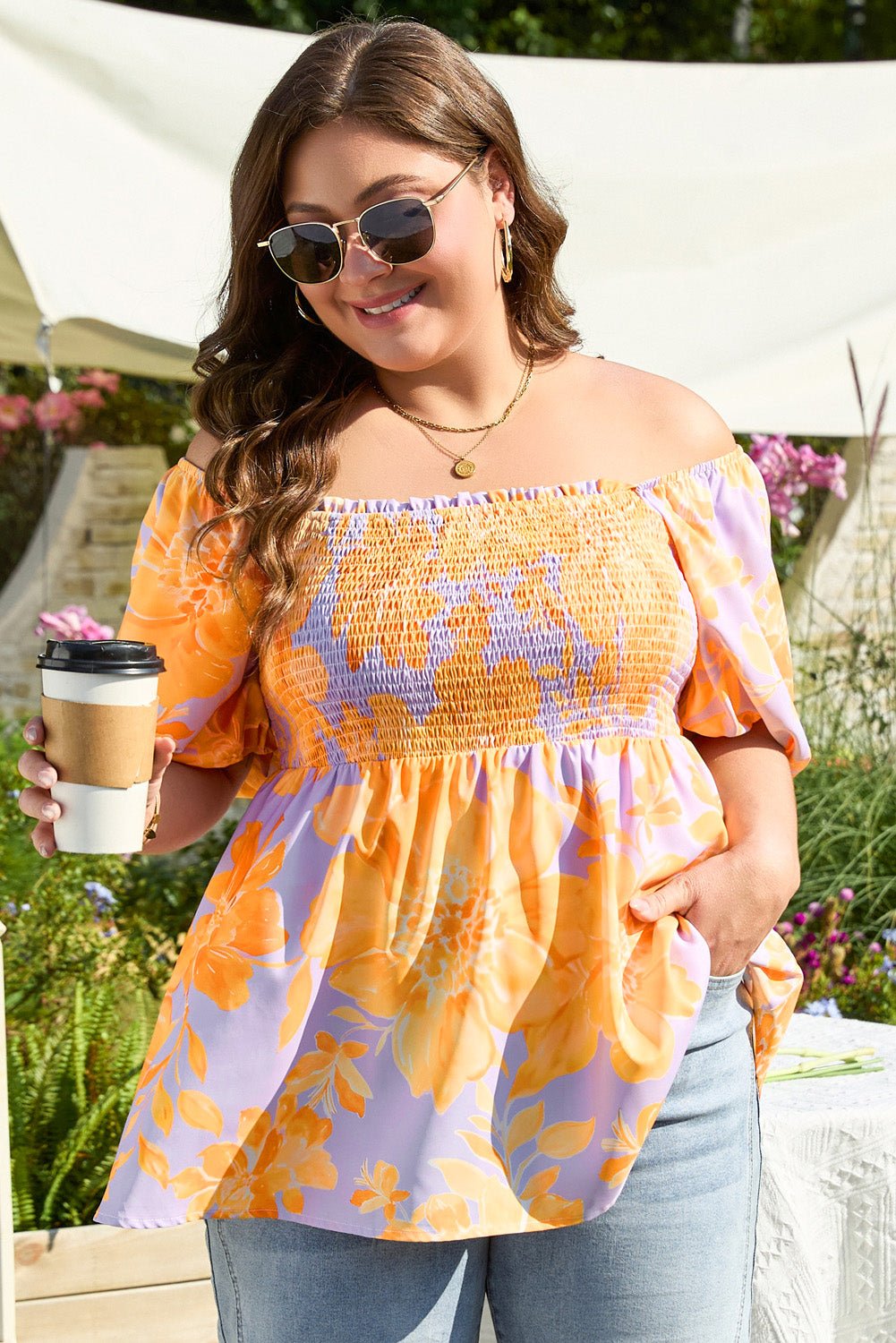 Purple Floral Puff Sleeve Square Neck Smocked Plus Size Babydoll Blouse - Chaelisa's New Jammies