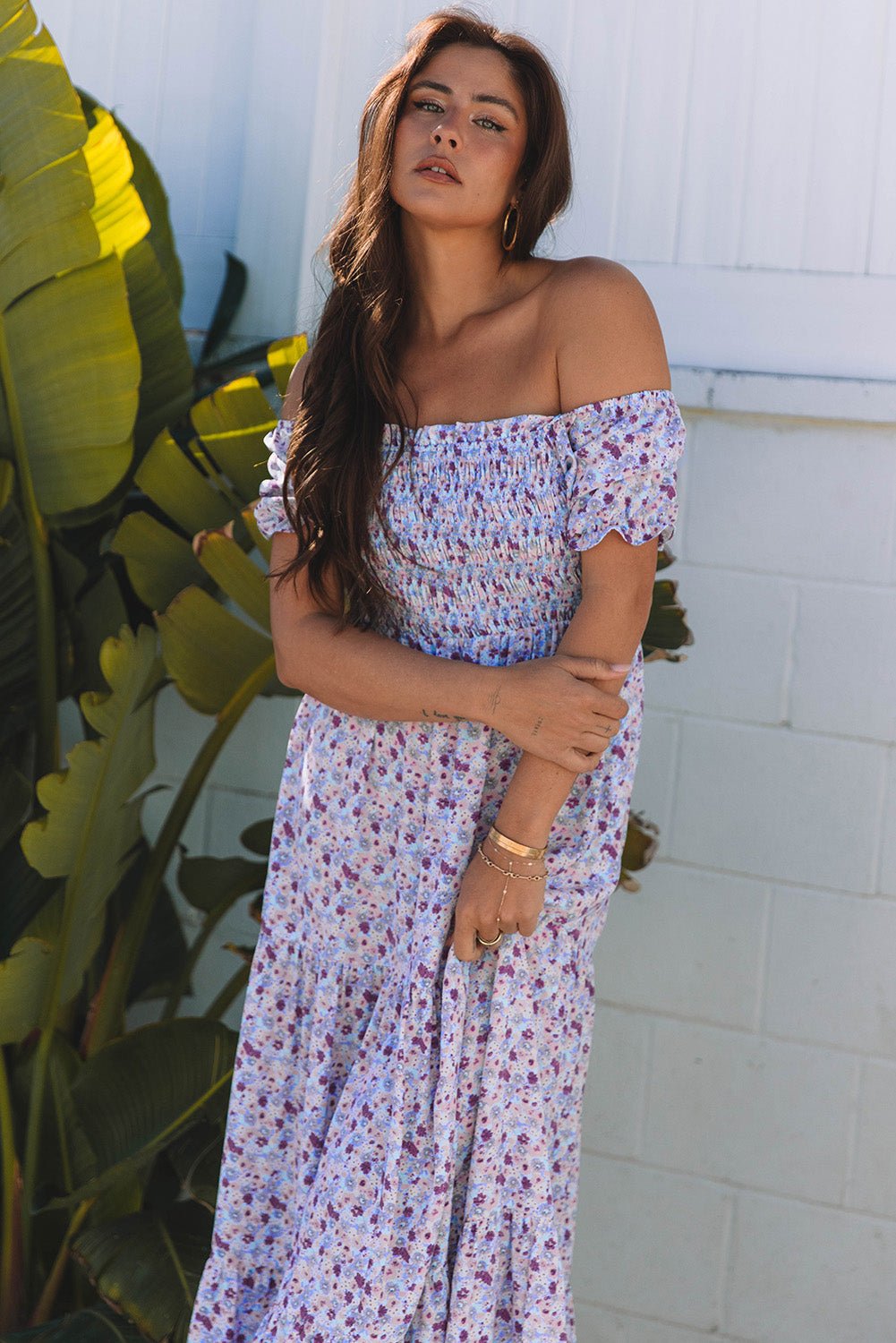 Purple Floral Short Bubble Sleeve Shirred High Waist Maxi Dress - Chaelisa's New Jammies