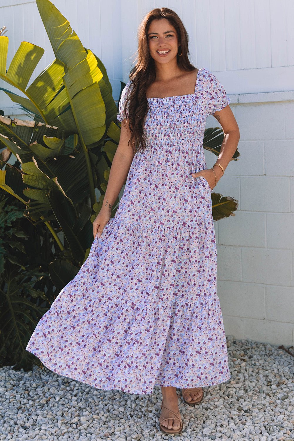 Purple Floral Short Bubble Sleeve Shirred High Waist Maxi Dress - Chaelisa's New Jammies