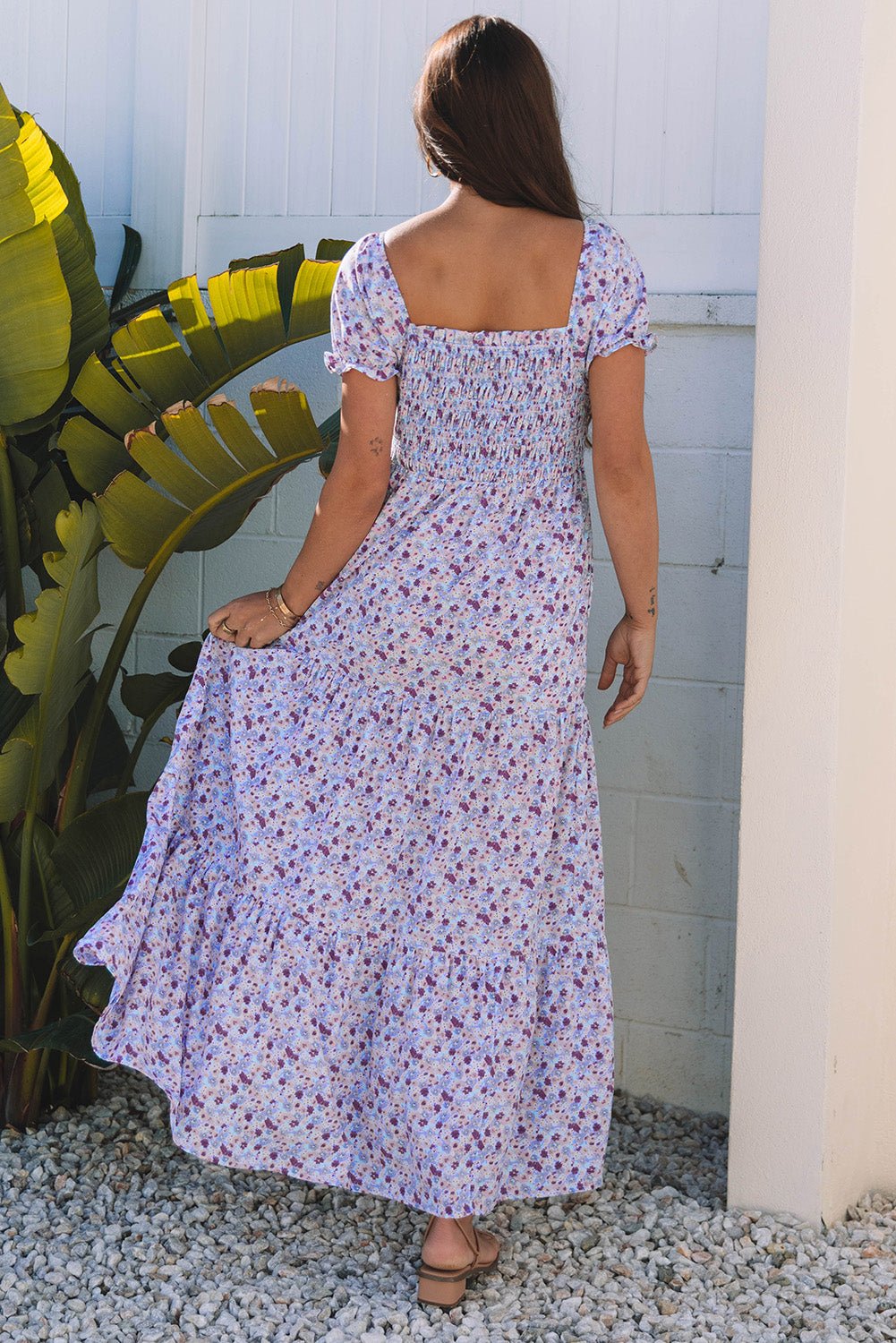 Purple Floral Short Bubble Sleeve Shirred High Waist Maxi Dress - Chaelisa's New Jammies