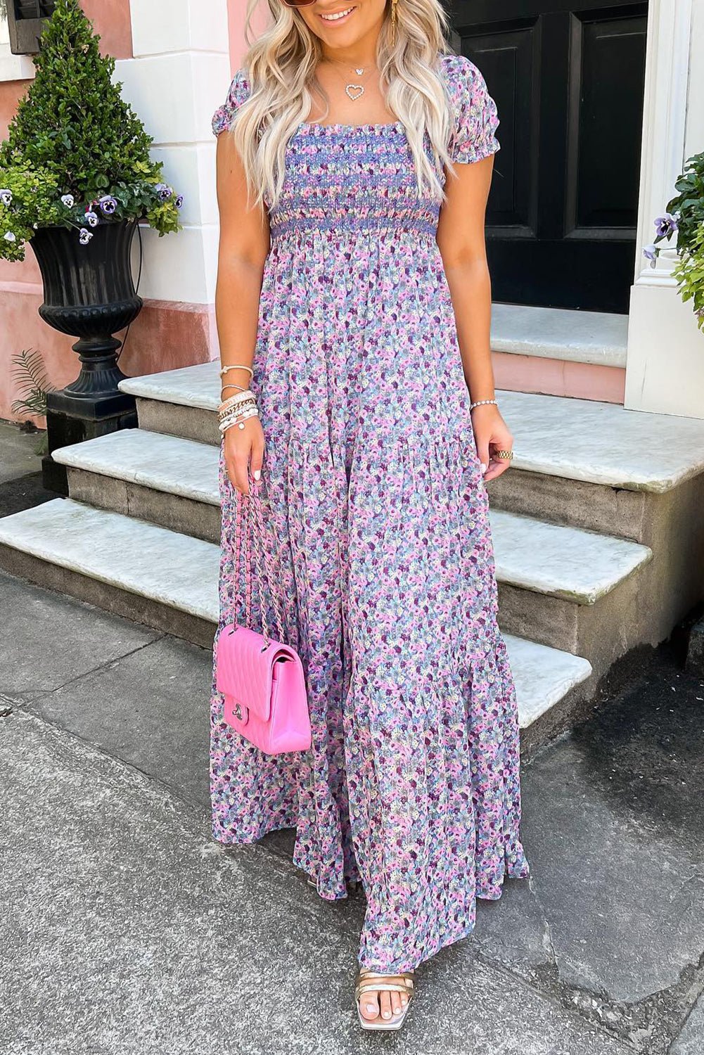 Purple Floral Short Bubble Sleeve Shirred High Waist Maxi Dress - Chaelisa's New Jammies