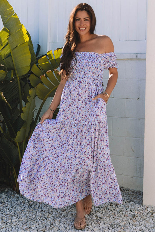 Purple Floral Short Bubble Sleeve Shirred High Waist Maxi Dress - Chaelisa's New Jammies