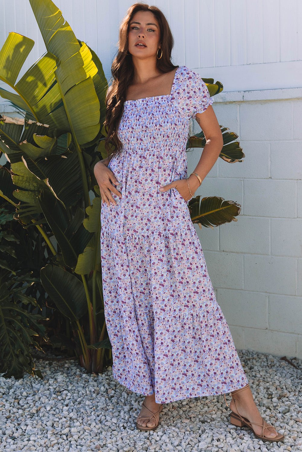 Purple Floral Short Bubble Sleeve Shirred High Waist Maxi Dress - Chaelisa's New Jammies
