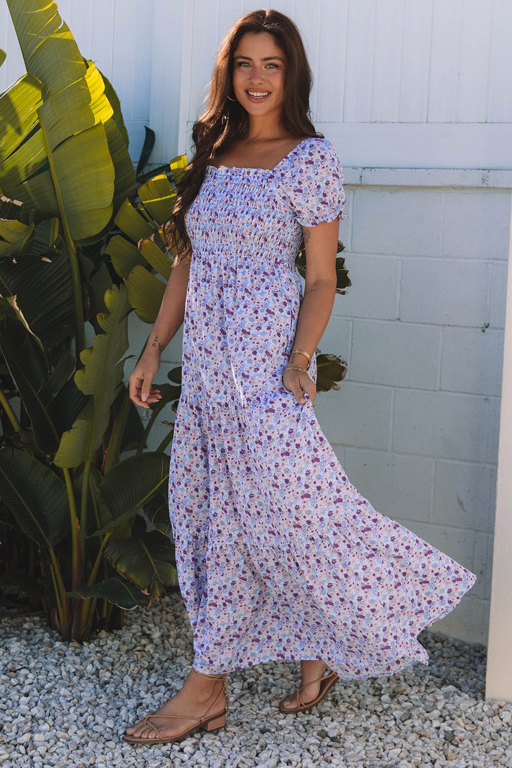 Purple Floral Short Bubble Sleeve Shirred High Waist Maxi Dress - Chaelisa's New Jammies