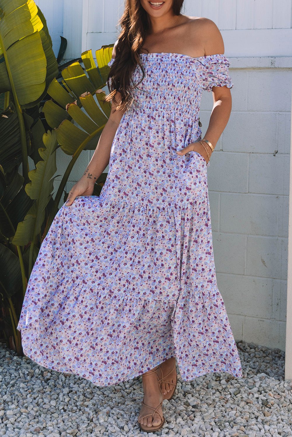 Purple Floral Short Bubble Sleeve Shirred High Waist Maxi Dress - Chaelisa's New Jammies