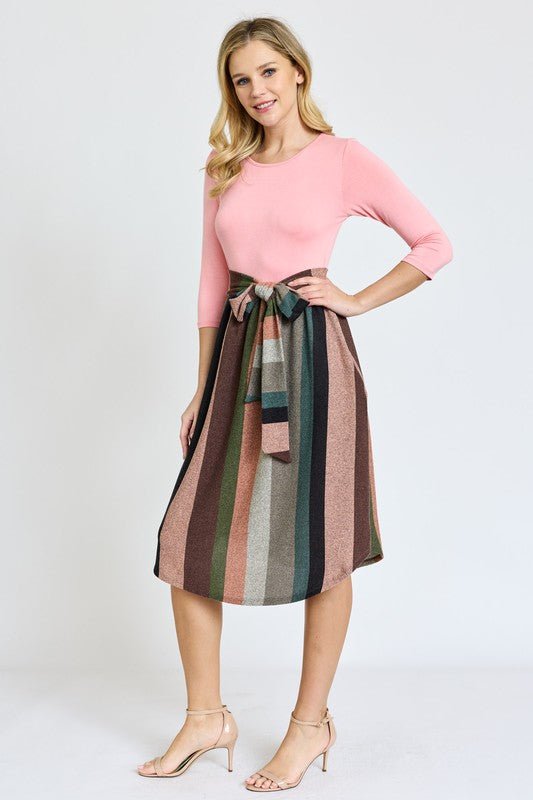 Quarter Sleeve Stripe Sash Midi Dress - Chaelisa's New Jammies