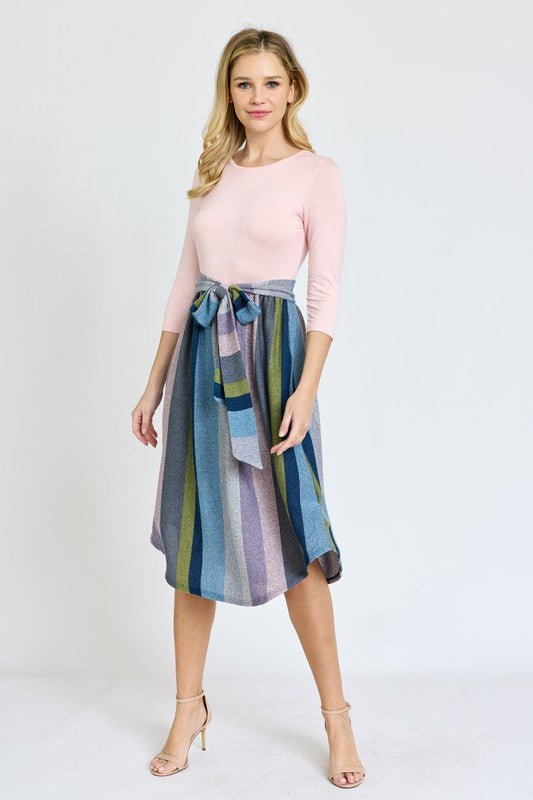 Quarter Sleeve Stripe Sash Midi Dress - Chaelisa's New Jammies
