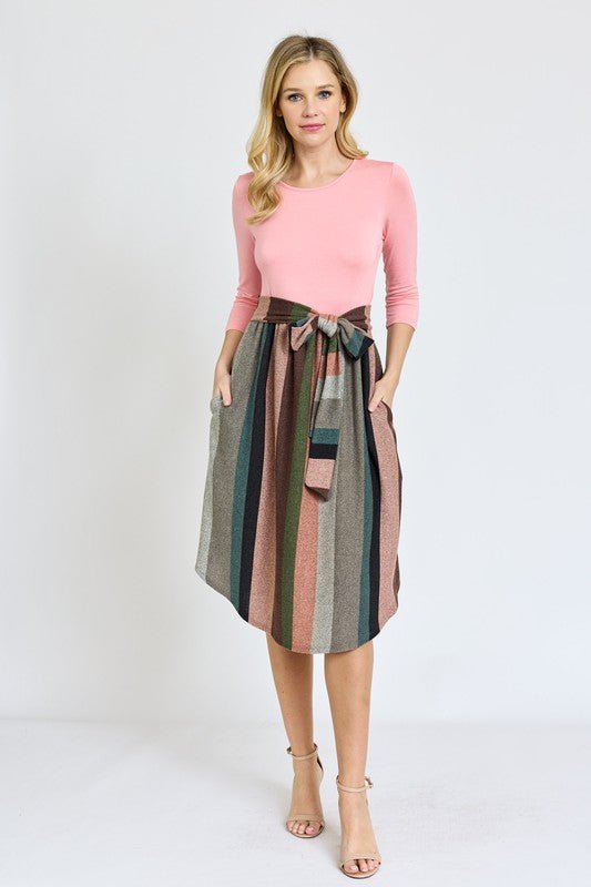 Quarter Sleeve Stripe Sash Midi Dress - Chaelisa's New Jammies