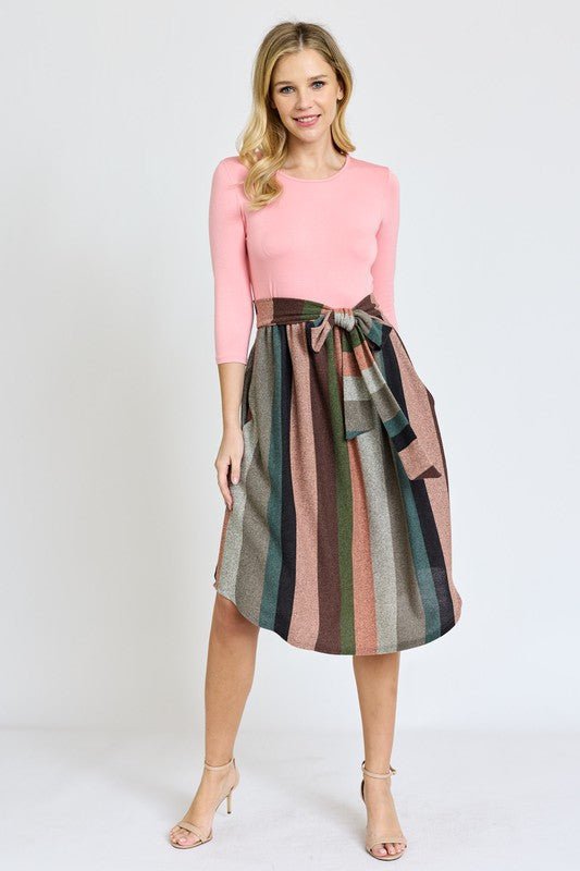 Quarter Sleeve Stripe Sash Midi Dress - Chaelisa's New Jammies