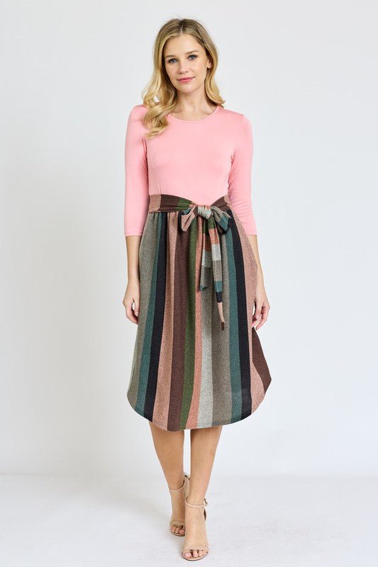Quarter Sleeve Stripe Sash Midi Dress - Chaelisa's New Jammies