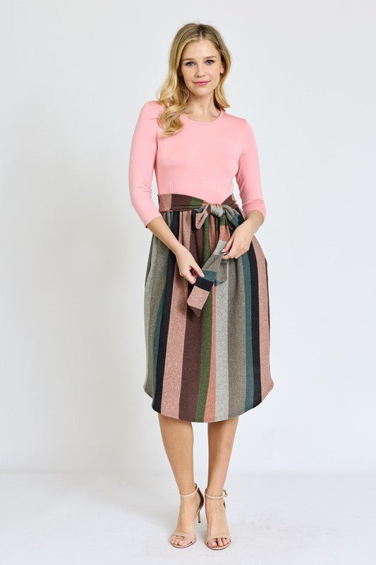 Quarter Sleeve Stripe Sash Midi Dress - Chaelisa's New Jammies