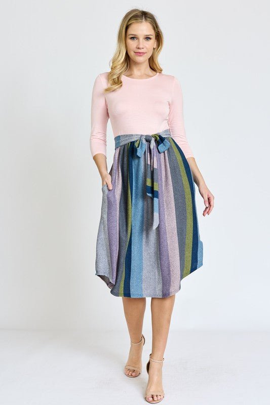 Quarter Sleeve Stripe Sash Midi Dress - Chaelisa's New Jammies